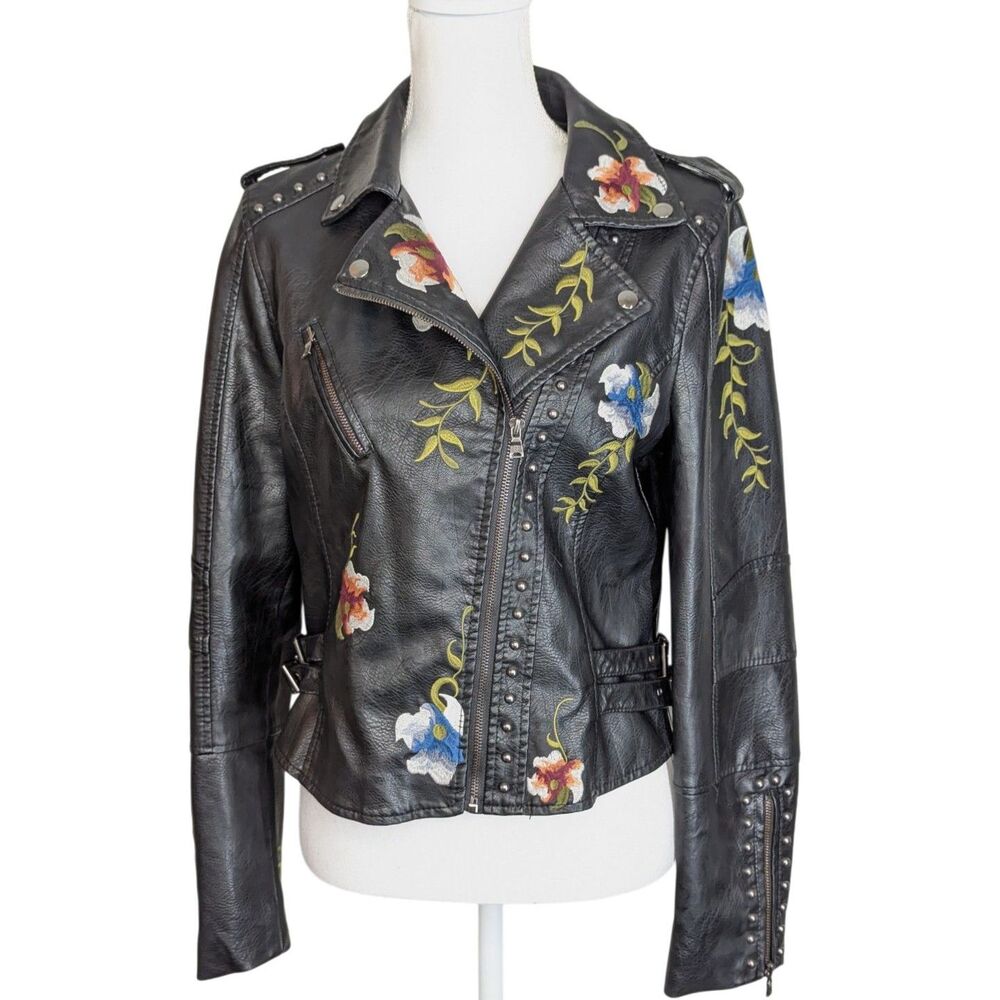 Faux Leather Biker Black Moto Jacket Floral Embroidery FLAWS Unique Approx Sz S - Picture 3 of 16